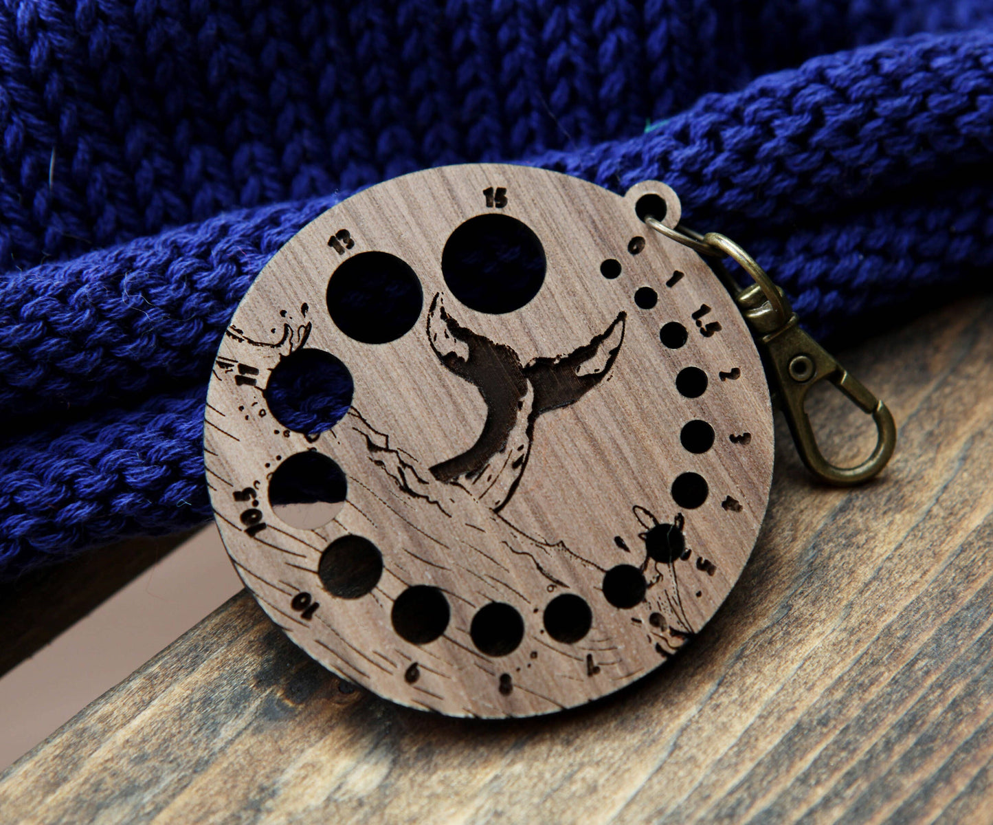 Walnut Whale Tail Knitting Gauge with Bronze Clasp