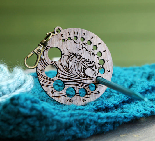 Walnut Knitting Needle Gauge with Ocean Wave & Bronze Clasp