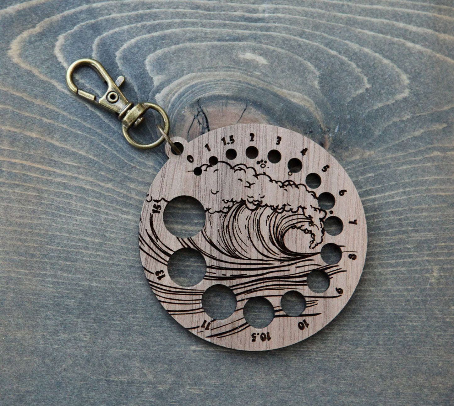 Walnut Knitting Needle Gauge with Ocean Wave & Bronze Clasp