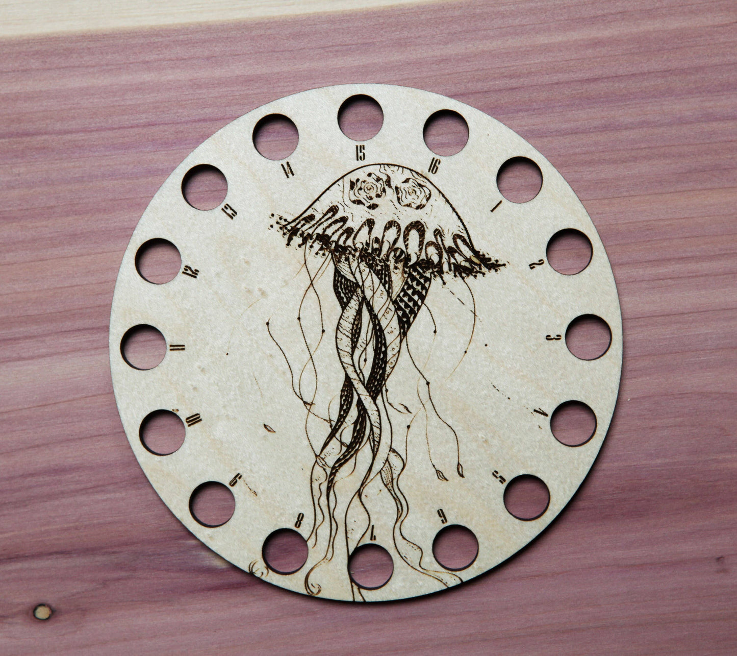 Circular Maple Wood Jellyfish Embroidery Floss Holder