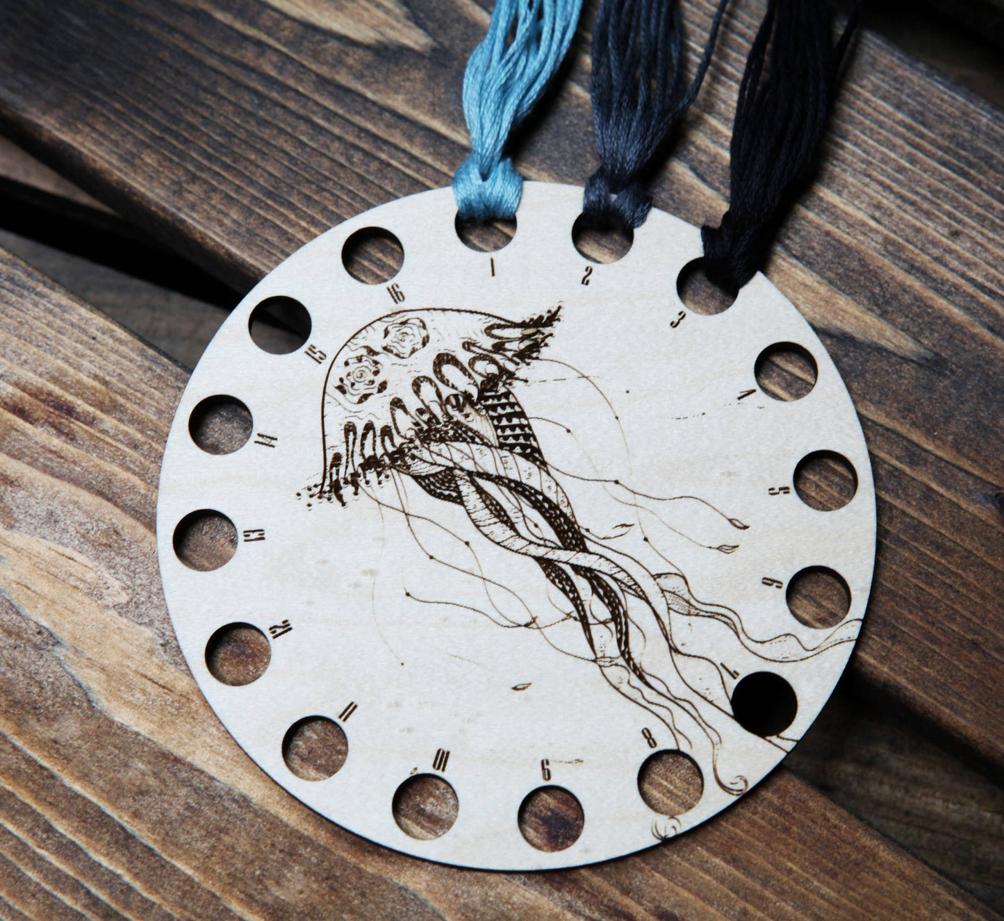 Circular Maple Wood Jellyfish Embroidery Floss Holder