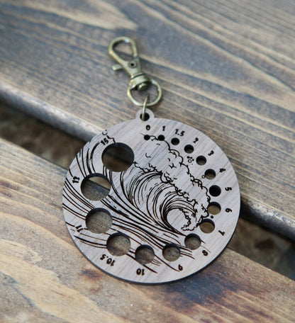 Walnut Knitting Needle Gauge with Ocean Wave & Bronze Clasp